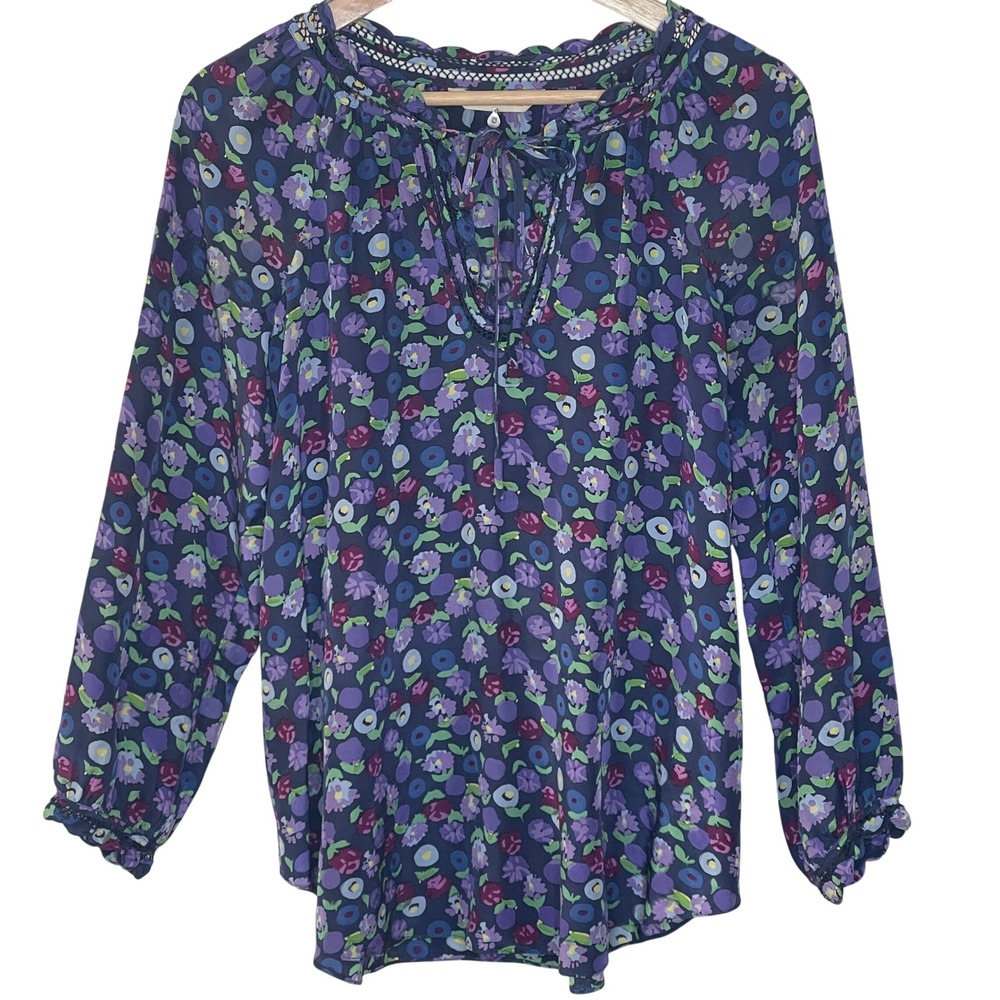 Rebecca Taylor Silk Floral Print Long Sleeve Tie Neck Blouse Top Womens